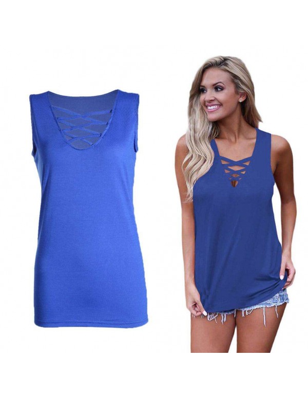 New Fashion Sleeveless Sexy Deep V-Neck Bandage T-shirt(Blue S)