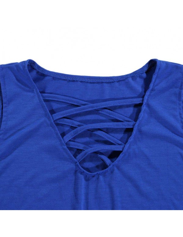 New Fashion Sleeveless Sexy Deep V-Neck Bandage T-shirt(Blue S)