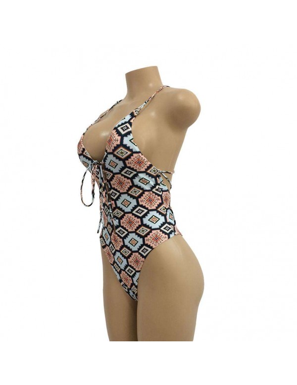 One-Piece Swimwear Backless Bandage Spaghetti Strap Bathing Suit(S)