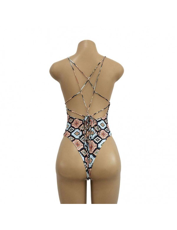 One-Piece Swimwear Backless Bandage Spaghetti Strap Bathing Suit(S)