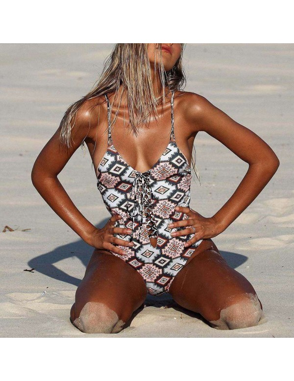 One-Piece Swimwear Backless Bandage Spaghetti Strap Bathing Suit(S)