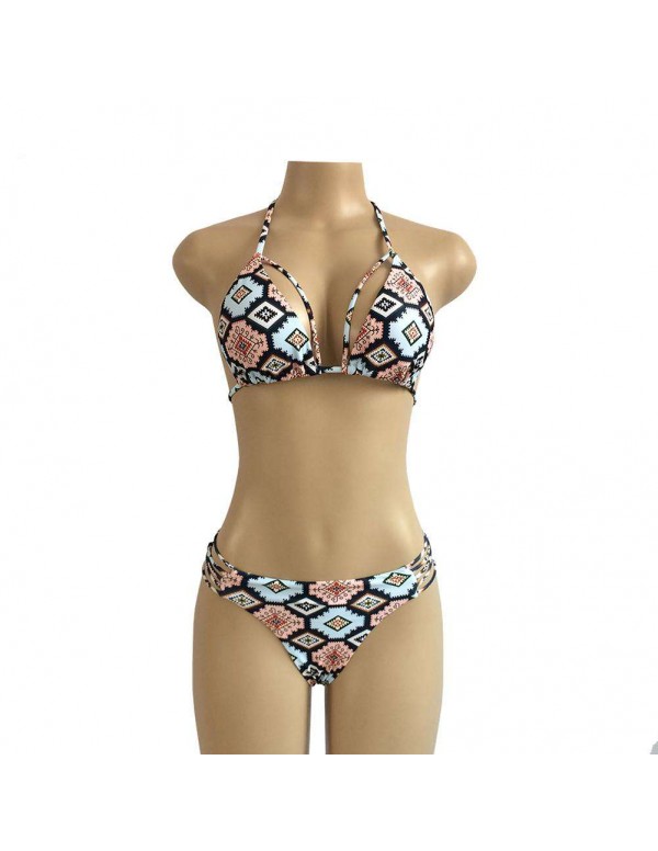 Retro Rhombic Plaid Print Sexy Split Swimwear Bath Suit(M)