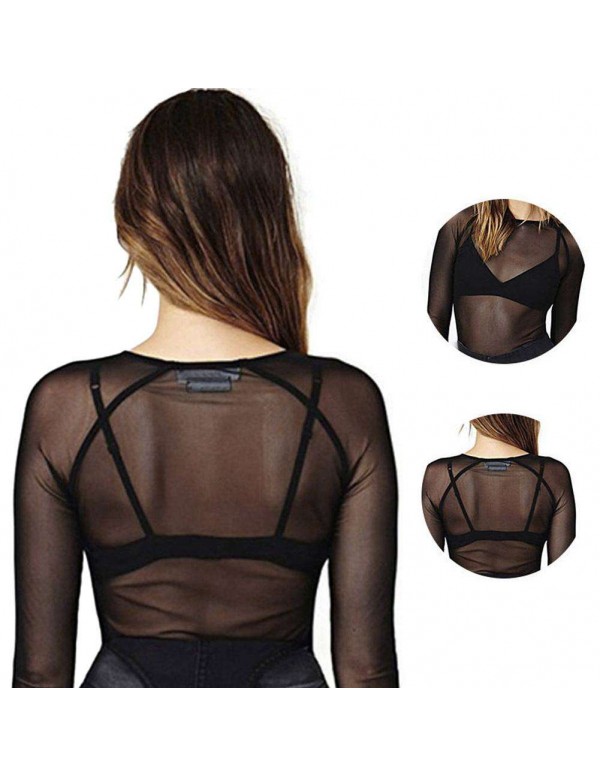 Elastic Sexy Fit See Through Mesh Long Sleeve Club T-Shirt(U-Neck/XL)