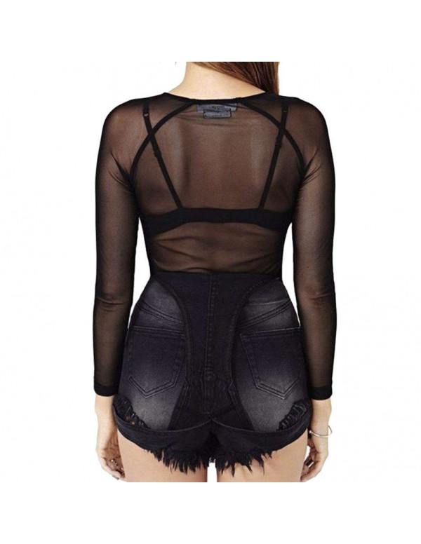 Elastic Sexy Fit See Through Mesh Long Sleeve Club T-Shirt(U-Neck/XL)