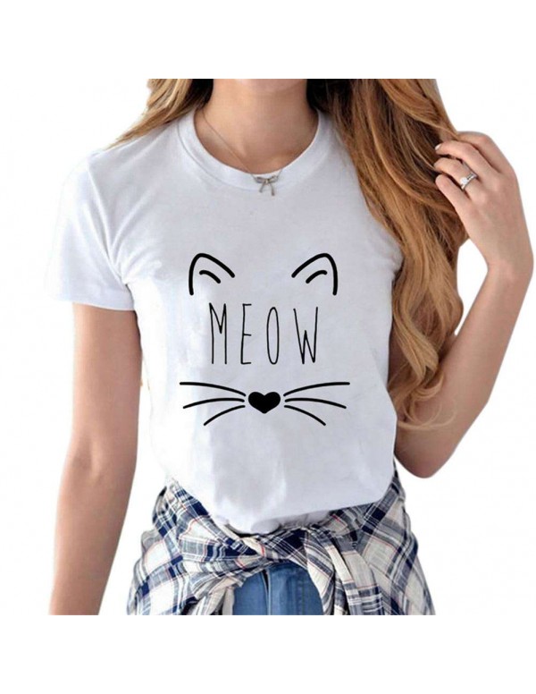 Casual Unisex Simple Cat Letter Print O Neck Short Sleeve T-Shirt(White/S)