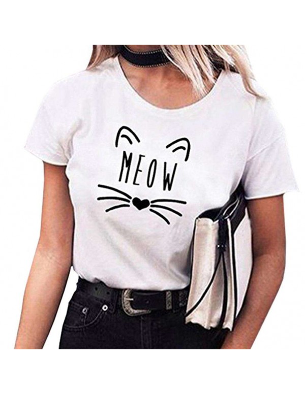 Casual Unisex Simple Cat Letter Print O Neck Short Sleeve T-Shirt(White/S)