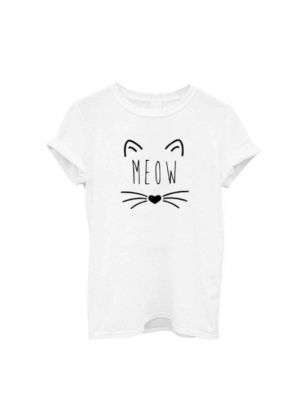 Casual Unisex Simple Cat Letter Print O Neck Short Sleeve T-Shirt(White/S)