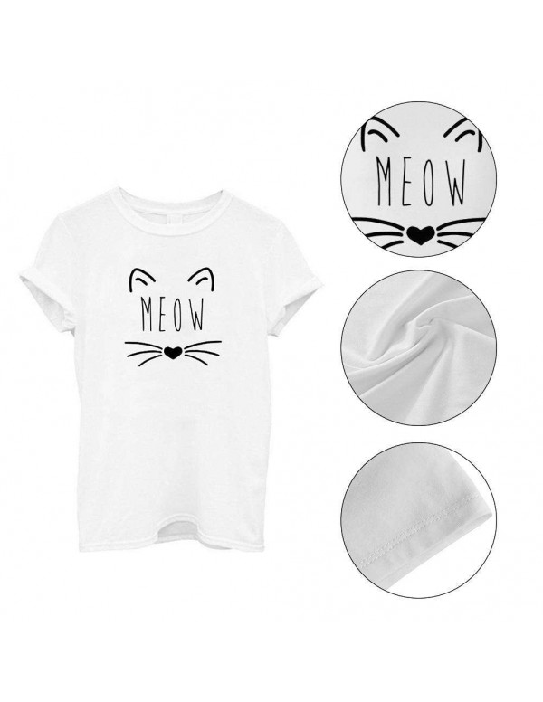 Casual Unisex Simple Cat Letter Print O Neck Short Sleeve T-Shirt(White/S)