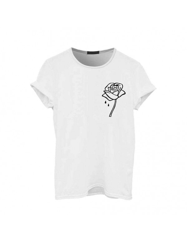 Casual Simple Women/Men Flower Printed Short Sleeve O Neck T-Shirt(White/S)