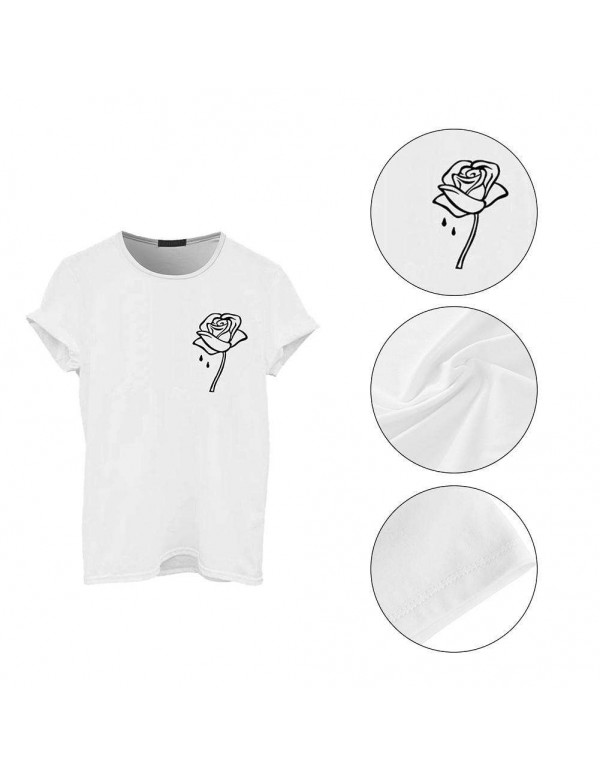 Casual Simple Women/Men Flower Printed Short Sleeve O Neck T-Shirt(White/S)