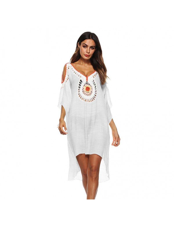 Ethnic Sexy Cold Shoulder Crochet Irregular Swimwear Cover Ups/White