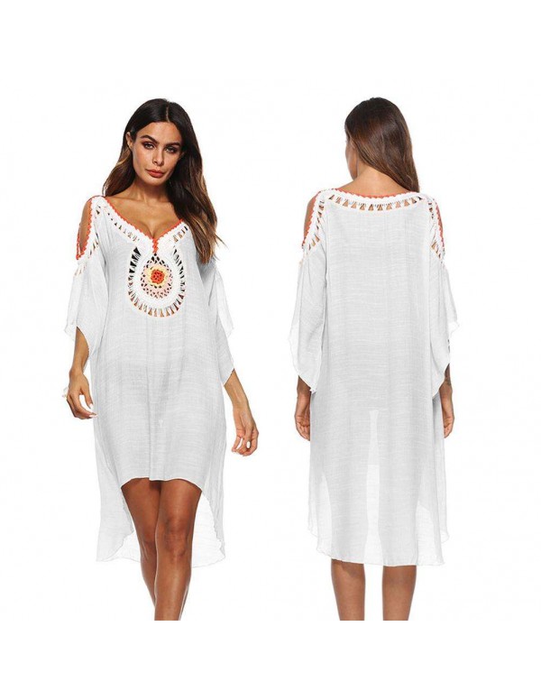 Ethnic Sexy Cold Shoulder Crochet Irregular Swimwear Cover Ups/White