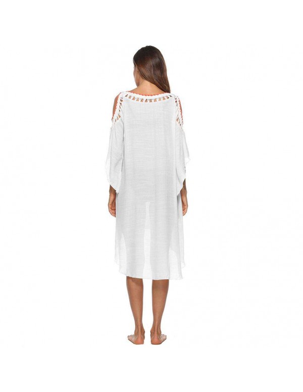 Ethnic Sexy Cold Shoulder Crochet Irregular Swimwear Cover Ups/White