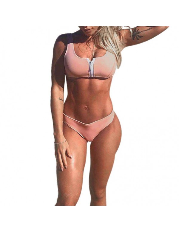 Sexy Chest Zipper Pure Swimsuit Padded Swimwear(Pink/S)