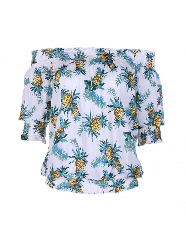 Hawaii Sexy Off Shoulder Pineapple Printed Beach Casual Tops/White