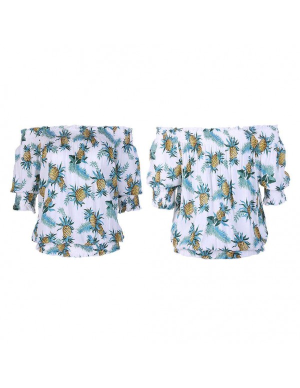 Hawaii Sexy Off Shoulder Pineapple Printed Beach Casual Tops/White