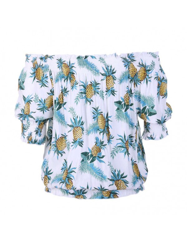 Hawaii Sexy Off Shoulder Pineapple Printed Beach Casual Tops/White