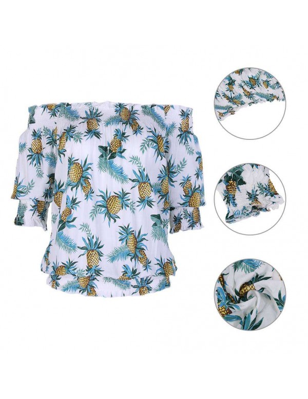 Hawaii Sexy Off Shoulder Pineapple Printed Beach Casual Tops/White