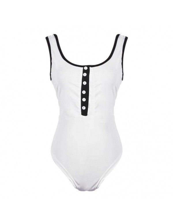 Sexy Strap Button Solid Color One Piece Swimwear Bikini(White M)