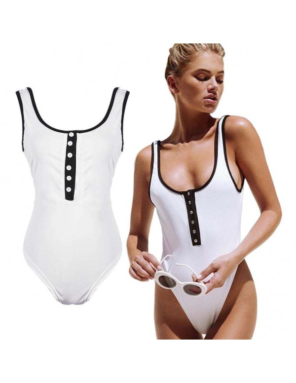 Sexy Strap Button Solid Color One Piece Swimwear Bikini(White M)