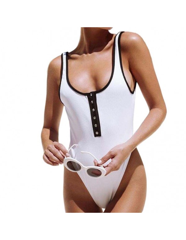 Sexy Strap Button Solid Color One Piece Swimwear Bikini(White M)