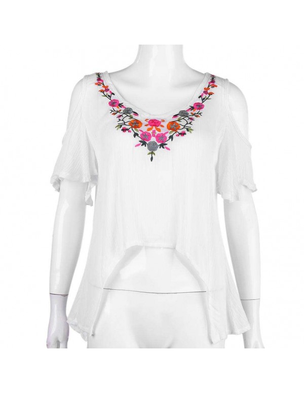 Ethnic Cold Shoulder Short Sleeve Flower Embroidery T-Shirt Tops(S)