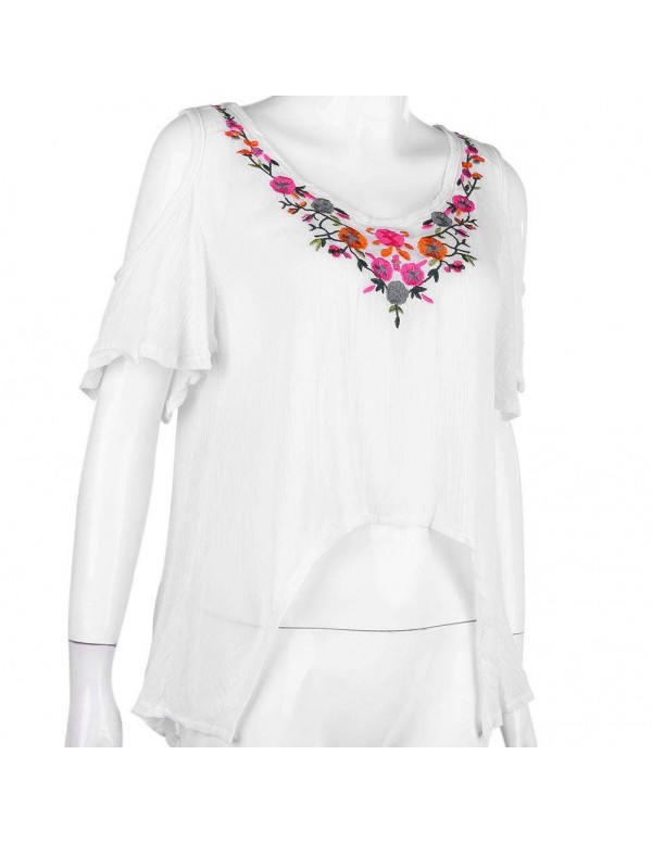 Ethnic Cold Shoulder Short Sleeve Flower Embroidery T-Shirt Tops(S)