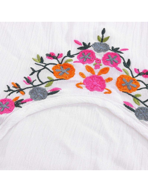 Ethnic Cold Shoulder Short Sleeve Flower Embroidery T-Shirt Tops(S)