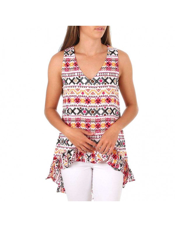 Ethnic Camis Geometric Print Ruffles Irregular Tank Tops Tees(XL)