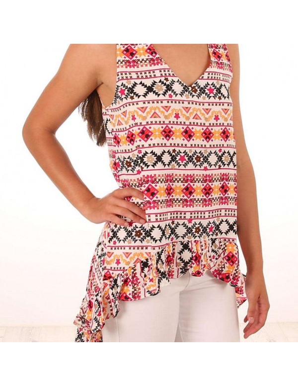 Ethnic Camis Geometric Print Ruffles Irregular Tank Tops Tees(XL)