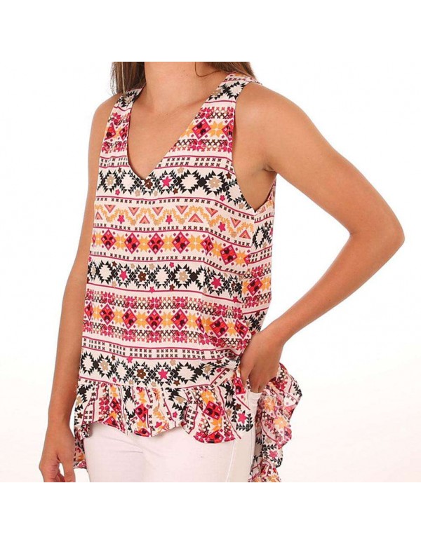 Ethnic Camis Geometric Print Ruffles Irregular Tank Tops Tees(XL)