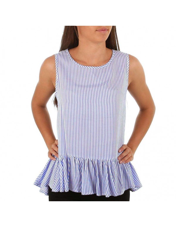 Fashion O Neck Camis Stripe Print Ruffles Casual Tank Tops Tees(S)