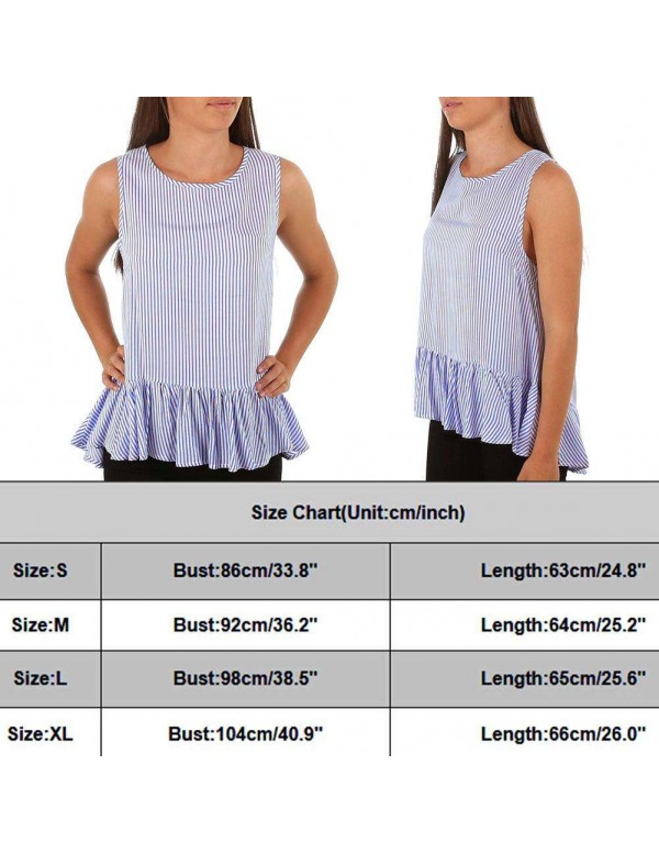 Fashion O Neck Camis Stripe Print Ruffles Casual Tank Tops Tees(S)