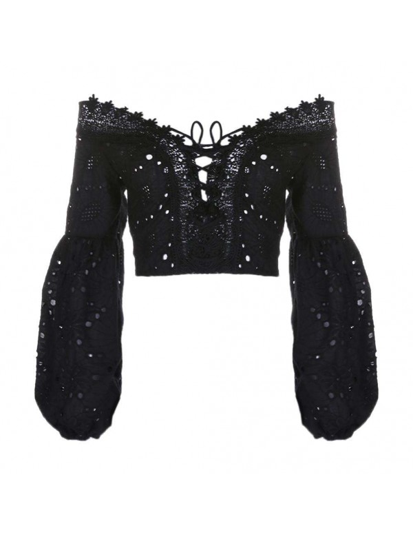 Off Shoulder Lantern Sleeve Hollow Lace Bandage Crop Tops(Black S)