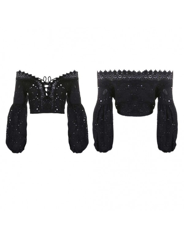 Off Shoulder Lantern Sleeve Hollow Lace Bandage Crop Tops(Black S)