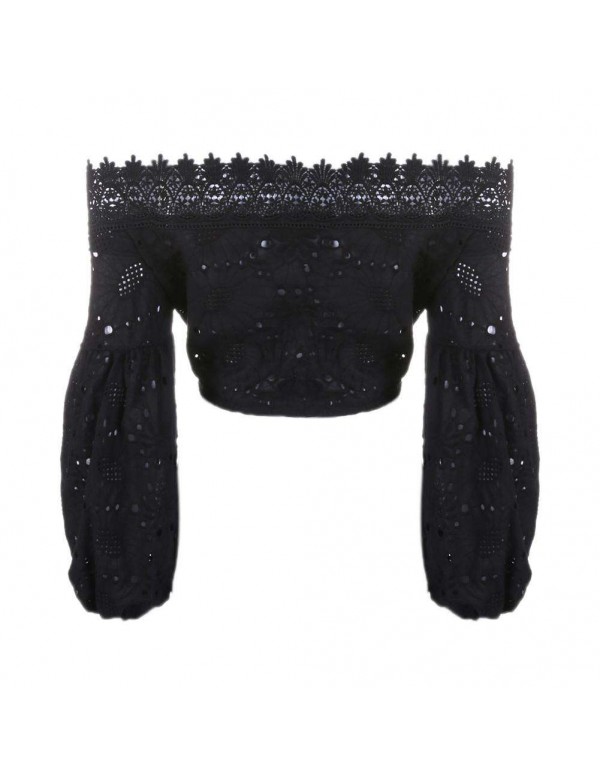 Off Shoulder Lantern Sleeve Hollow Lace Bandage Crop Tops(Black S)