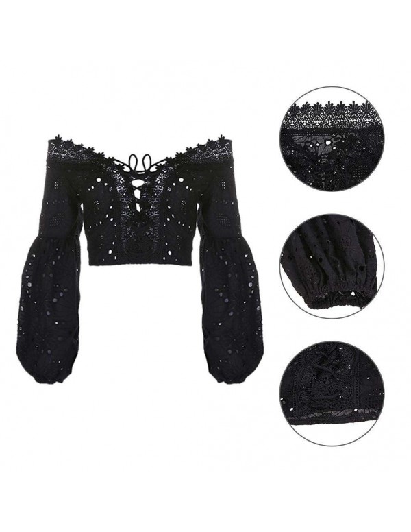 Off Shoulder Lantern Sleeve Hollow Lace Bandage Crop Tops(Black S)