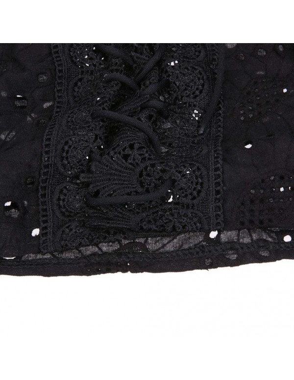 Off Shoulder Lantern Sleeve Hollow Lace Bandage Crop Tops(Black S)