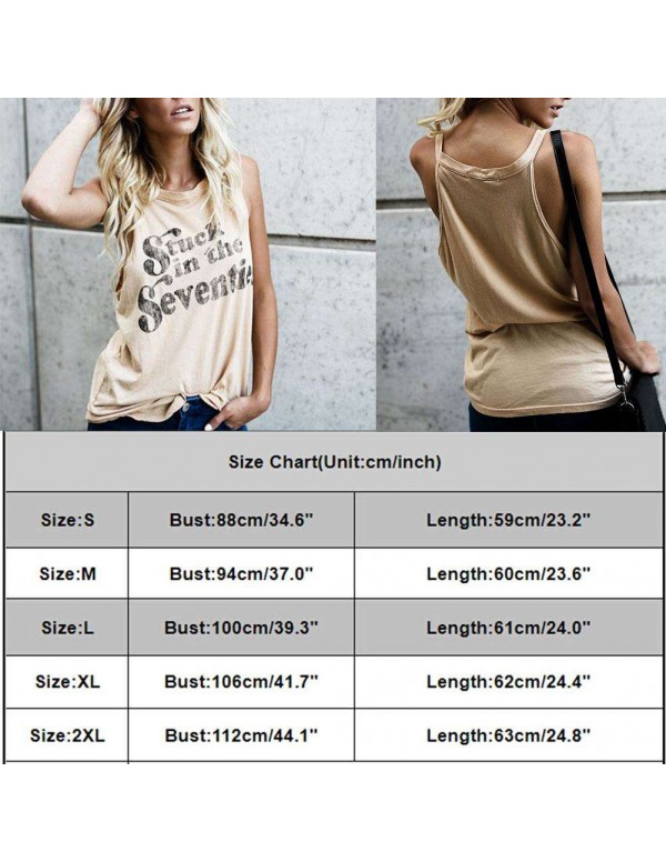 O Neck Letter Print Casual Street Loose Tank Tops Tees(Beige M)