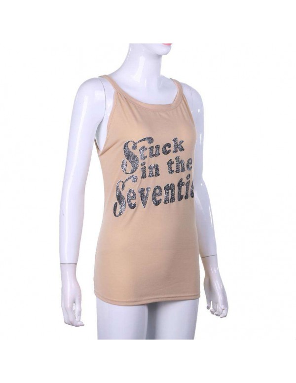 O Neck Letter Print Casual Street Loose Tank Tops Tees(Beige M)