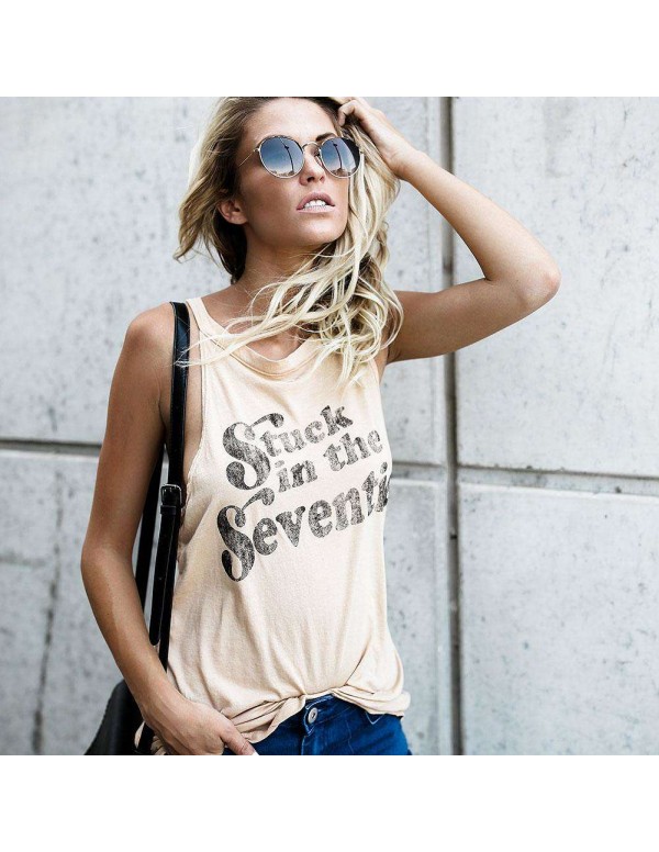 O Neck Letter Print Casual Street Loose Tank Tops Tees(Beige M)