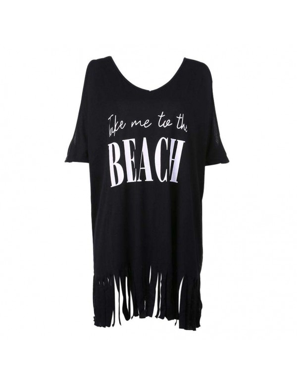 Cold Shoulder Letter Tassel Beach Bikini Cover-ups...