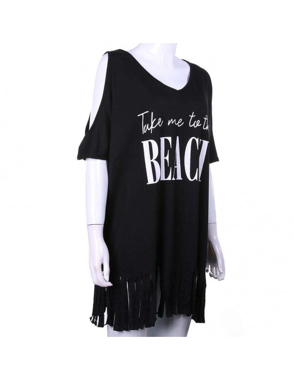 Cold Shoulder Letter Tassel Beach Bikini Cover-ups T-Shirts(Black M)