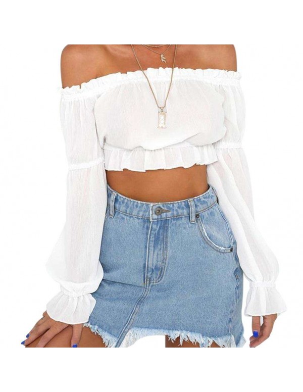 Sexy Off Shoulder Flare Sleeve Chiffon Blouse Loose Crop Top(White/S)