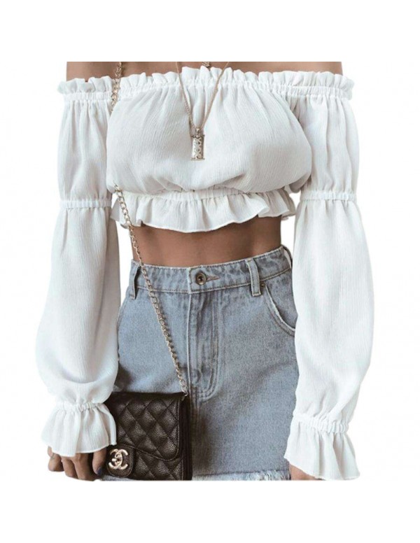 Sexy Off Shoulder Flare Sleeve Chiffon Blouse Loose Crop Top(White/S)