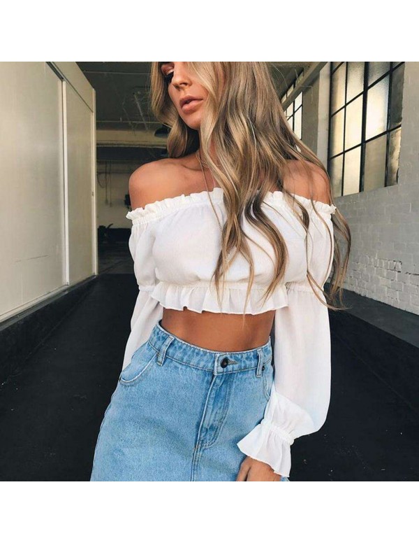 Sexy Off Shoulder Flare Sleeve Chiffon Blouse Loose Crop Top(White/S)