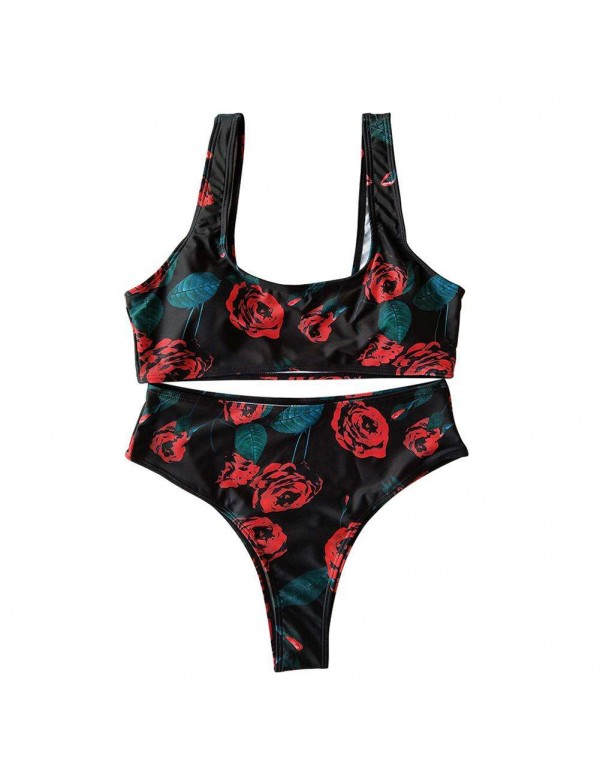 Sexy Rose Print Beach Split Swimsuit Tank Tops Swi...