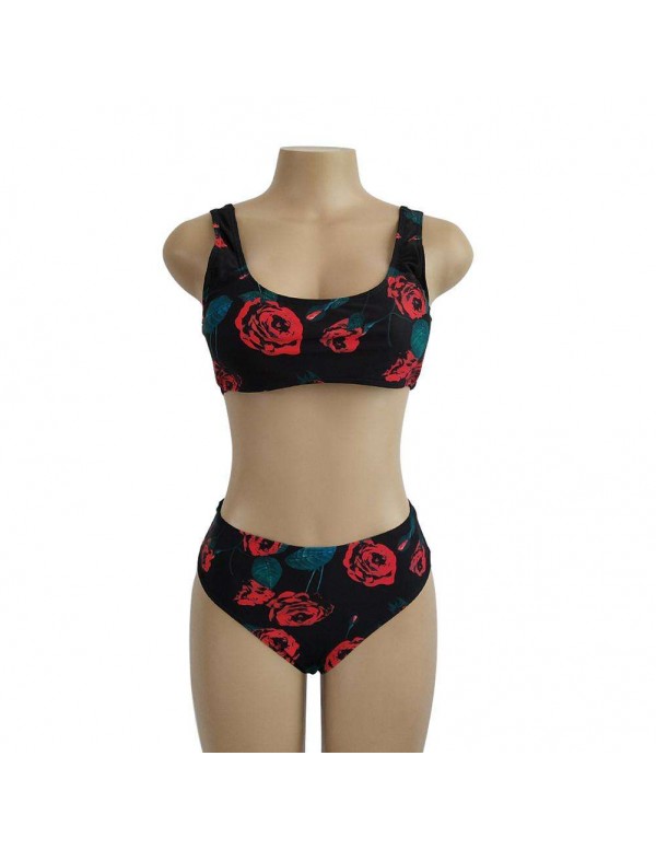 Sexy Rose Print Beach Split Swimsuit Tank Tops Swimwear(S)