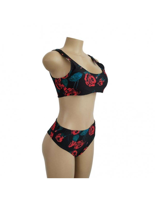 Sexy Rose Print Beach Split Swimsuit Tank Tops Swimwear(S)