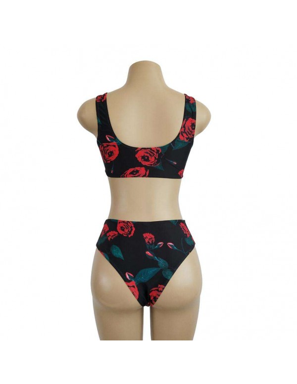 Sexy Rose Print Beach Split Swimsuit Tank Tops Swimwear(S)